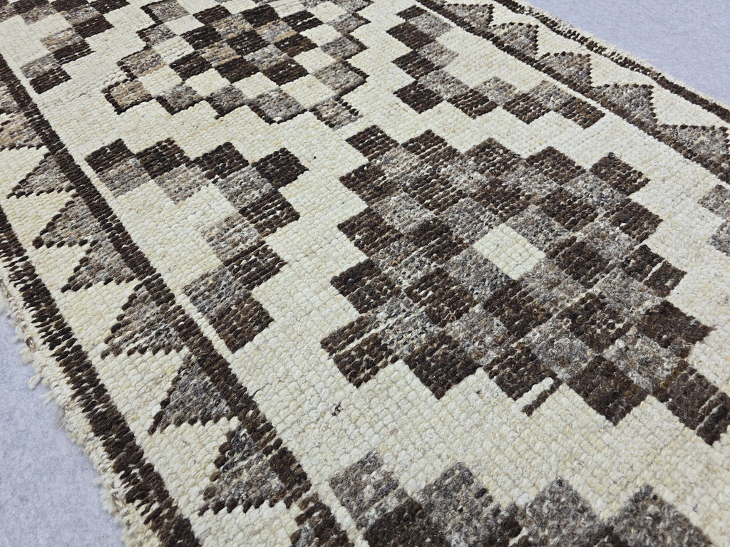 Vintage Rug Runner 3x11 | Neutral Cream Brown Tribal Hallway Carpet | Hand Knotted Wool Turkish Runner