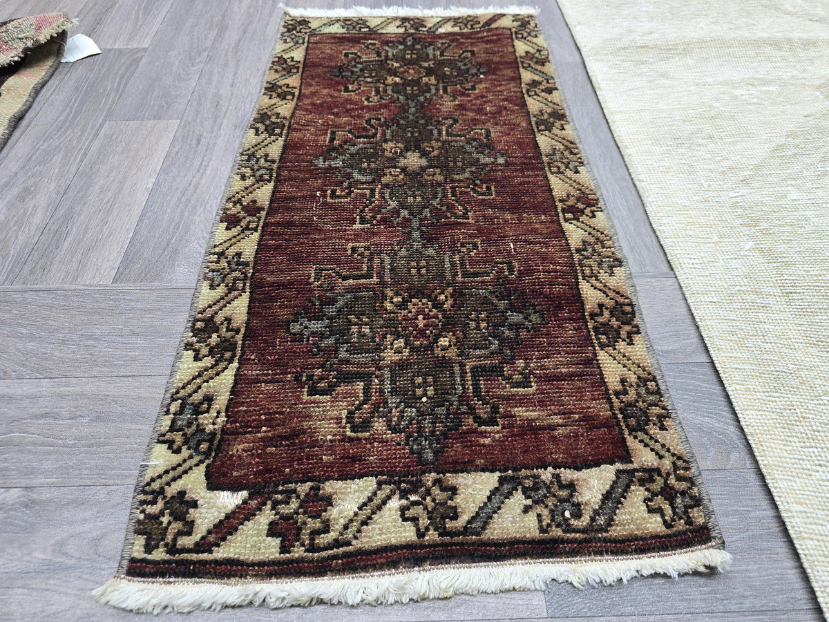 Vintage Turkish Wool Rug 2x3: Brown Beige Oushak Medallion Entry Mat