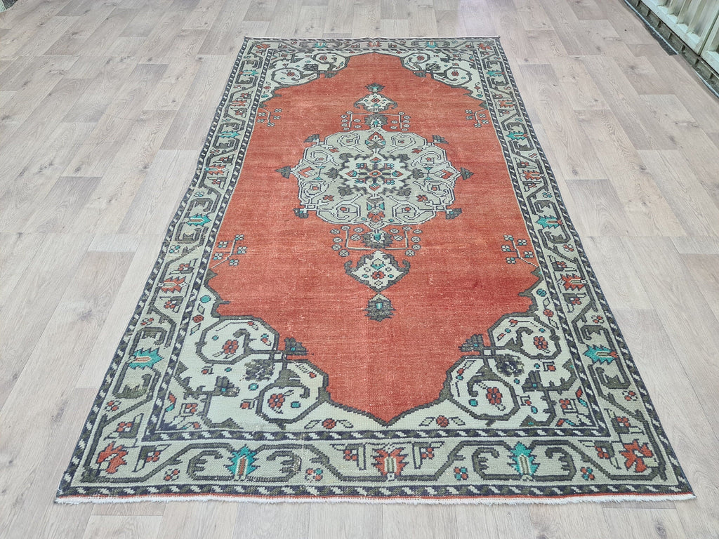 Hand Knotted Wool Turkish Rug: 5x8 Vintage Oushak Accent Rug