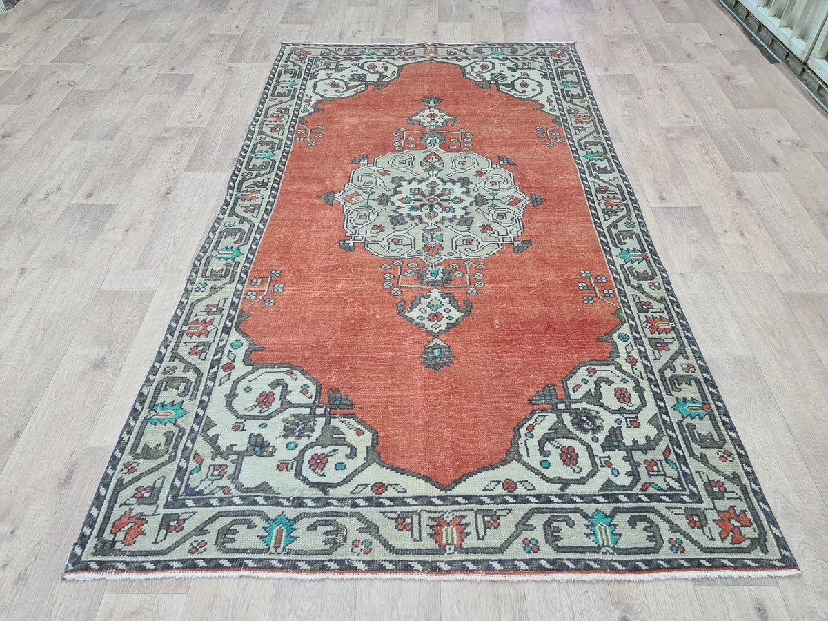 Hand Knotted Wool Turkish Rug: 5x8 Vintage Oushak Accent Rug
