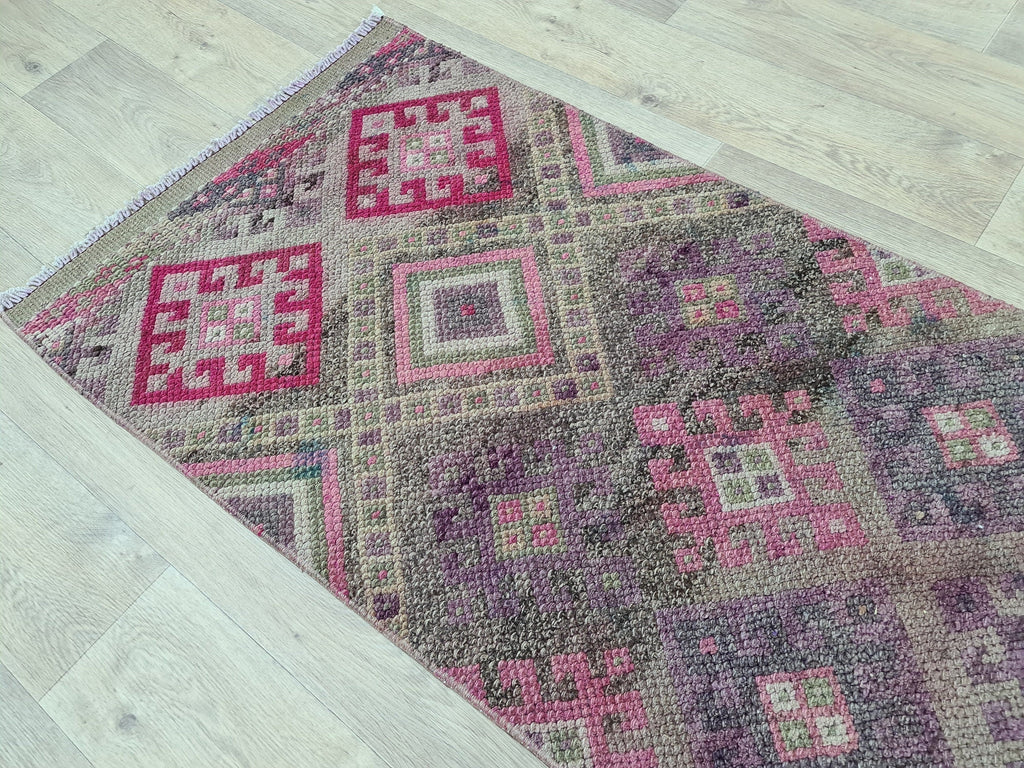 Hand Knotted Wool Herki Runner Rug: Vintage Turkish Hallway Rug