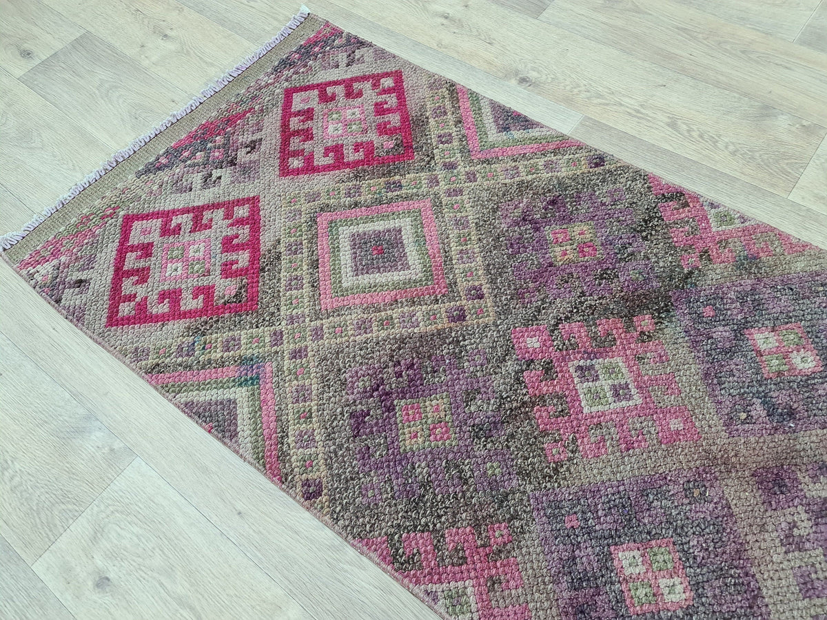 Hand Knotted Wool Herki Runner Rug: Vintage Turkish Hallway Rug