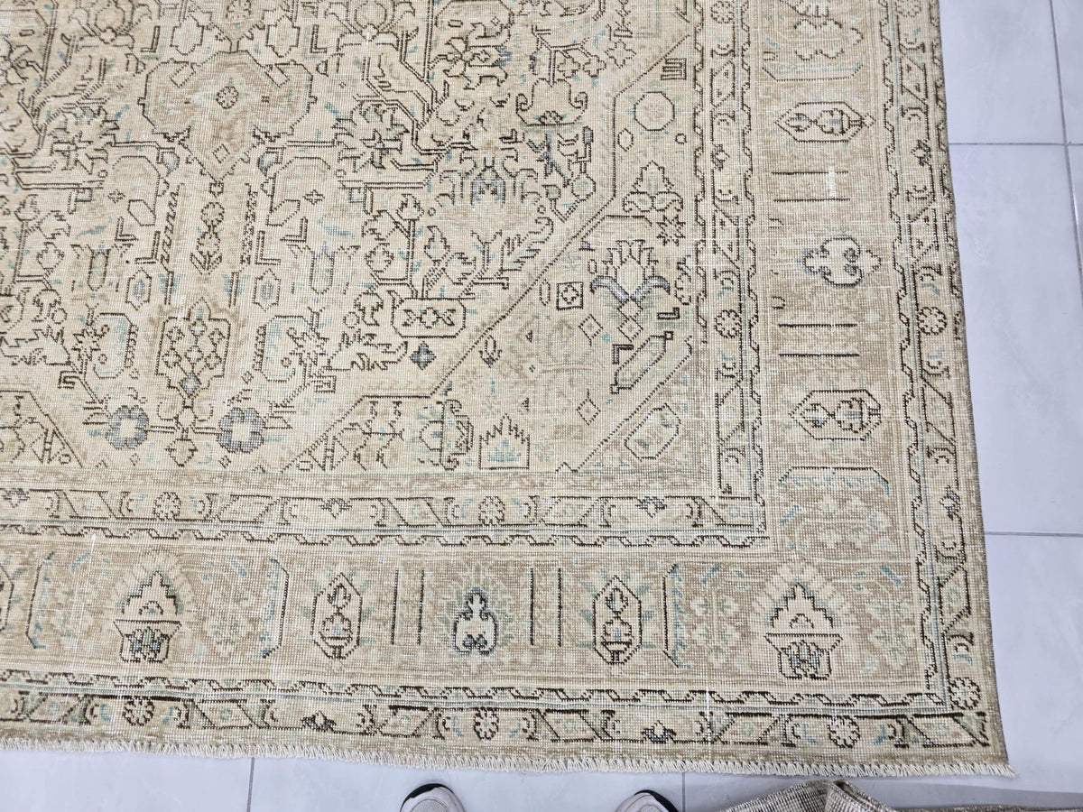 Oushak Rug 8x11, Faded Oatmeal Beige Turkish Area Rug with Soft Blue Accents, Hand Knotted Wool Carpet for Dining Room, Bedroom