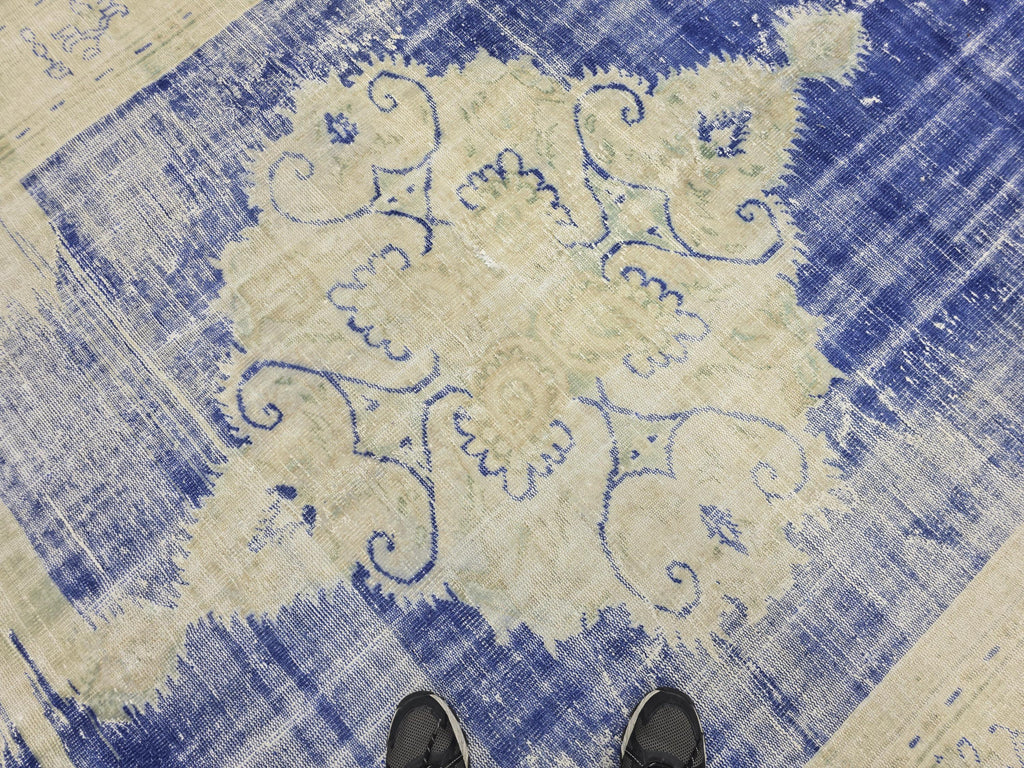Vintage Turkish Oushak Rug 7x10, Cream Blue Oriental Wool Carpet