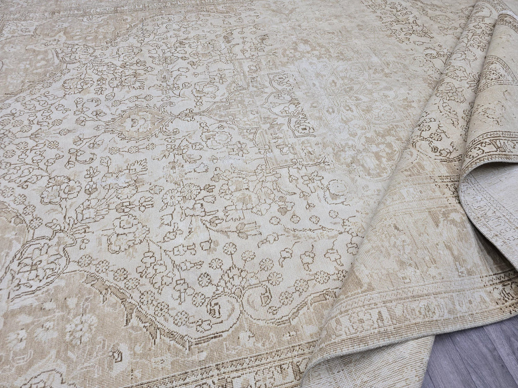 9x12 Vintage Turkish Rug Oushak | Beige Cream Large Area Carpet Handmade Wool Rug