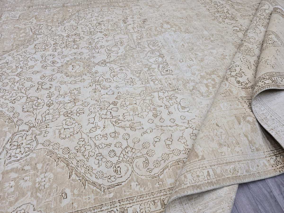 9x12 Vintage Turkish Rug Oushak | Beige Cream Large Area Carpet Handmade Wool Rug