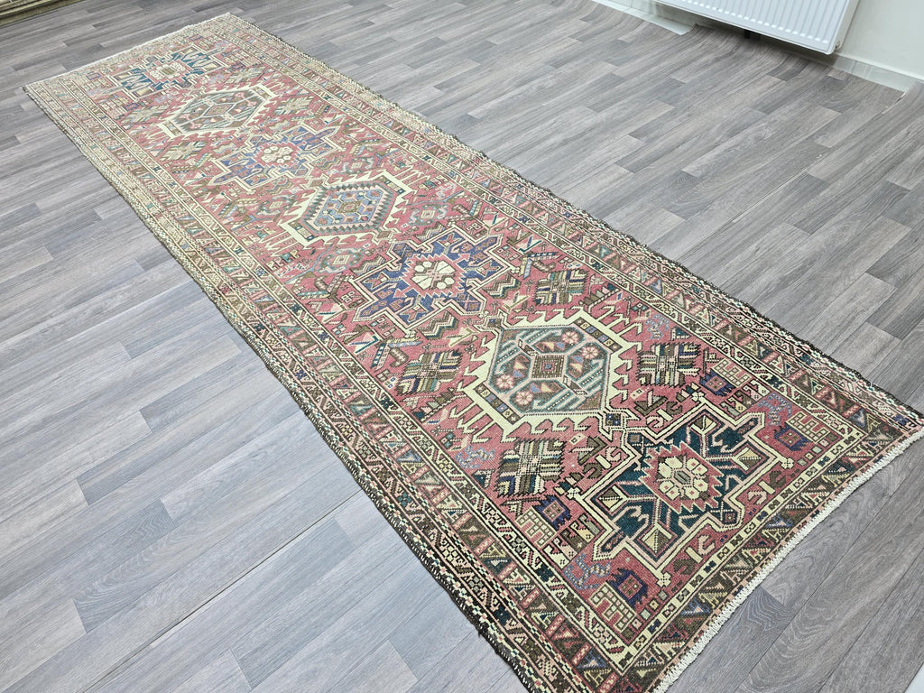 Vintage Oushak Wool Runner Rug: Hand-Knotted Turkish Hallway Carpet (3.85x12.10 ft)
