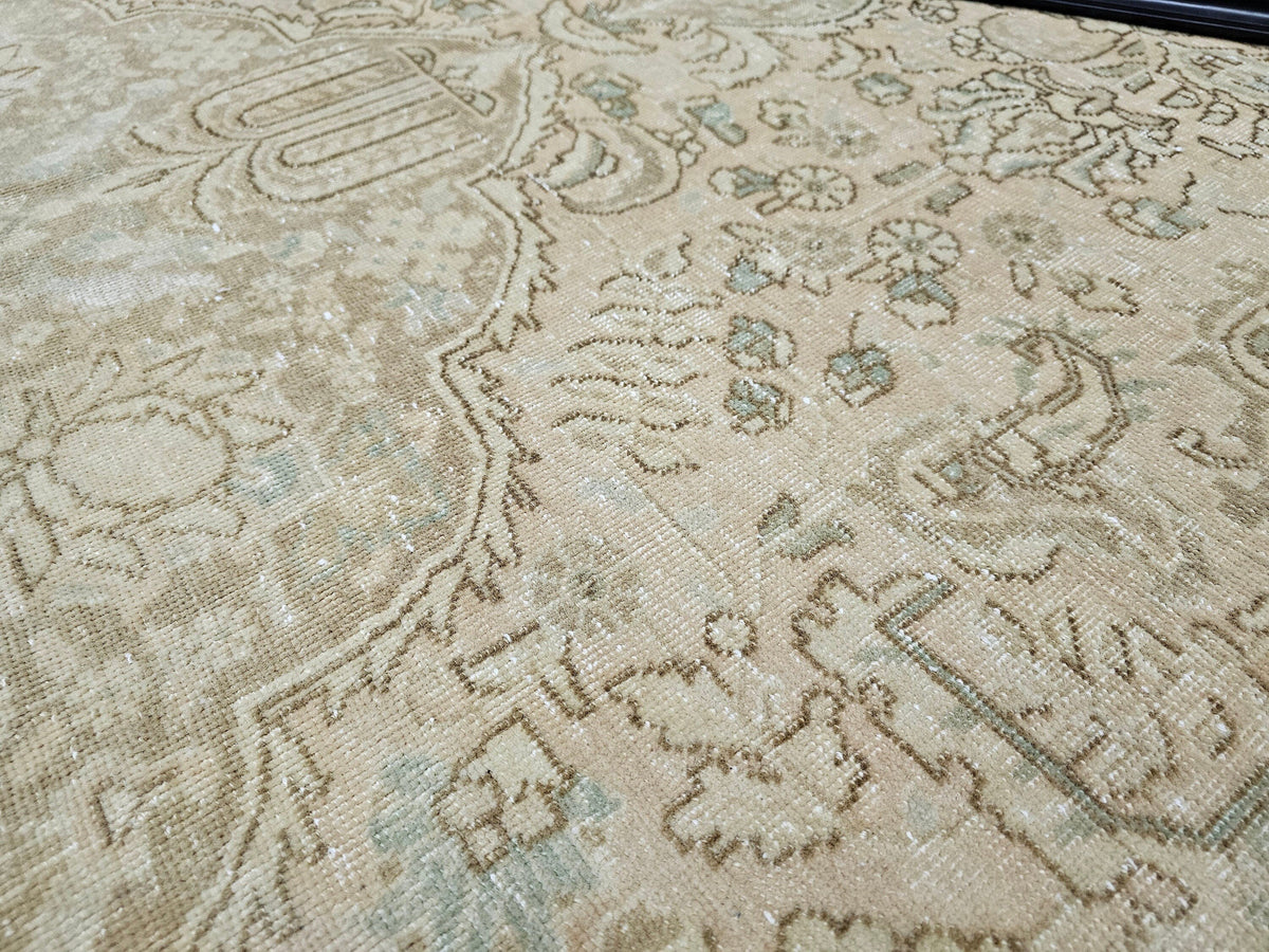 9x12 Wool Oushak Rug: Neutral Beige Faded Turkish Area Rug