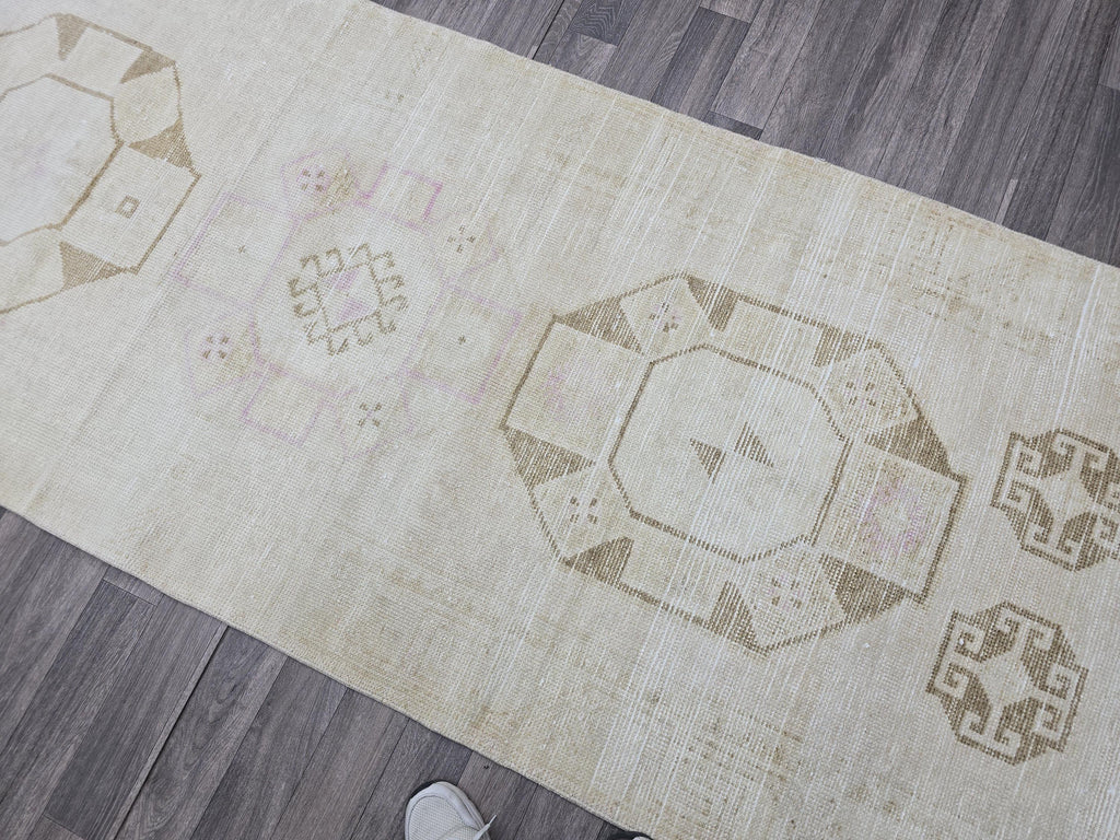 Handwoven Oushak Runner Rug: 3.5x12.7 ft, Neutral Turkish Vintage Rug