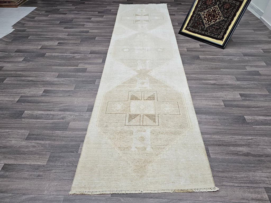 Vintage Turkish Oushak Wool Runner Rug: Neutral Faded Hallway Aisle Rug