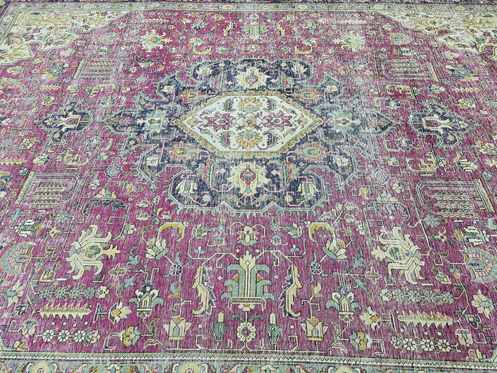 Hand Knotted Oushak Rug 9x13, Bold Magenta Floral Turkish Wool Carpet
