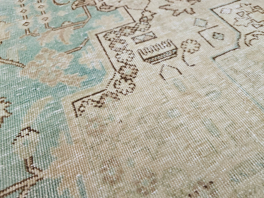 Oversize Hand-Knotted Wool Turkish Rug: Beige & Sage Green Oushak (9.80x12.20 ft)