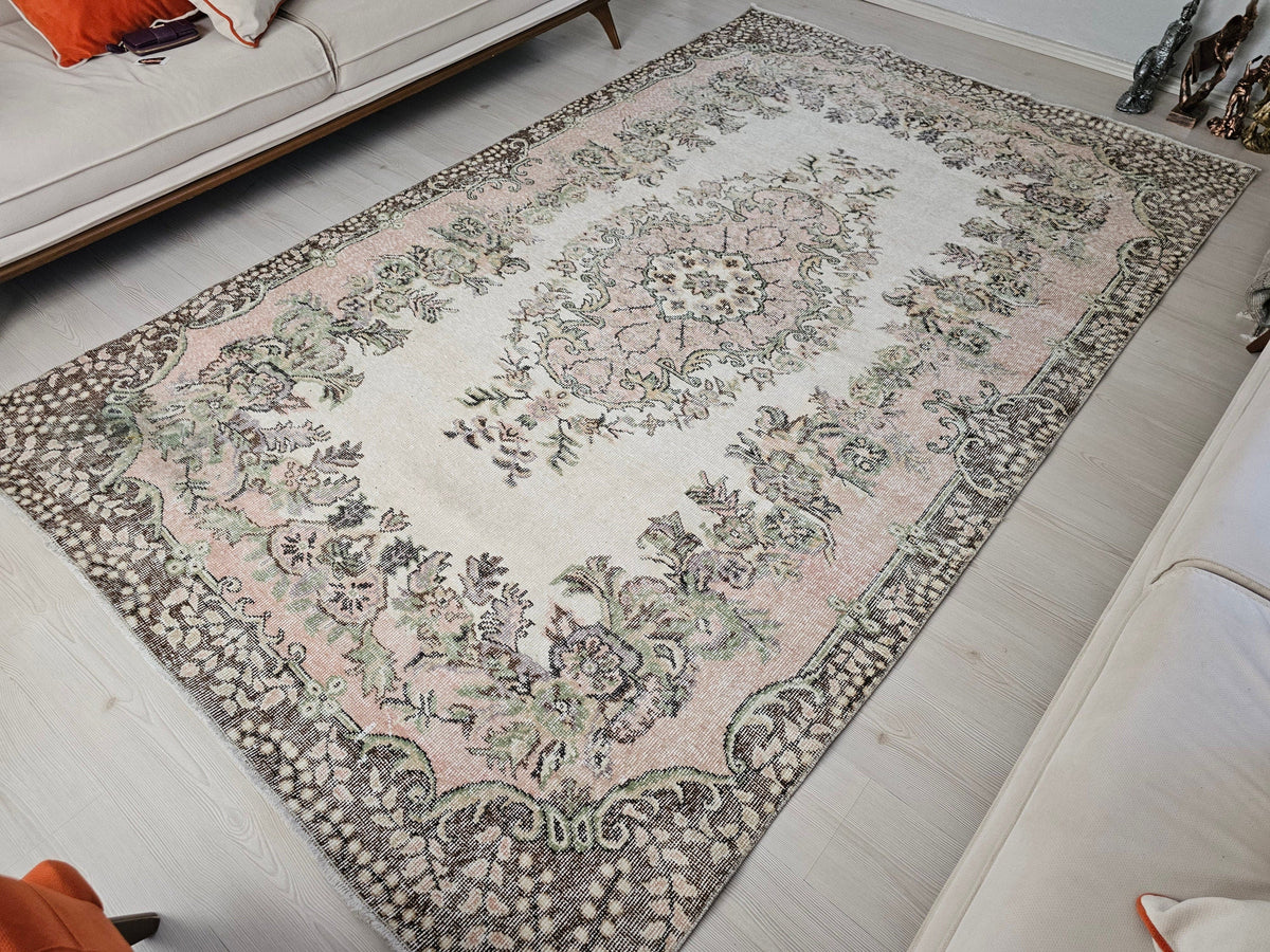 6x10 Vintage Turkish Oushak Rug: Hand-Knotted Wool Area Rug Pink Cream Brown Wool Rug for Diningroom and Office