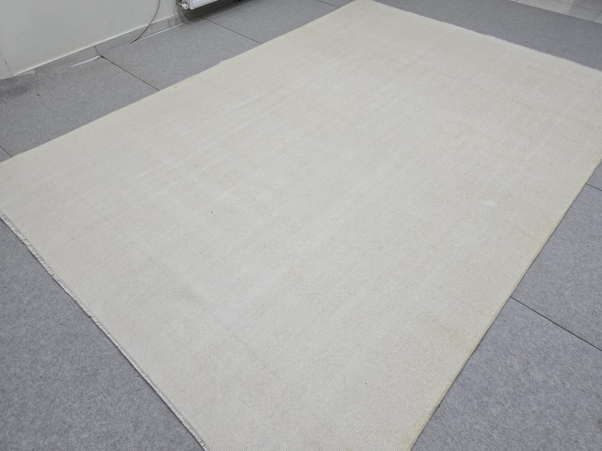7x10 feet Wool Turkish Oushak Rug: Handknotted Vintage Wool, Muted Neutral