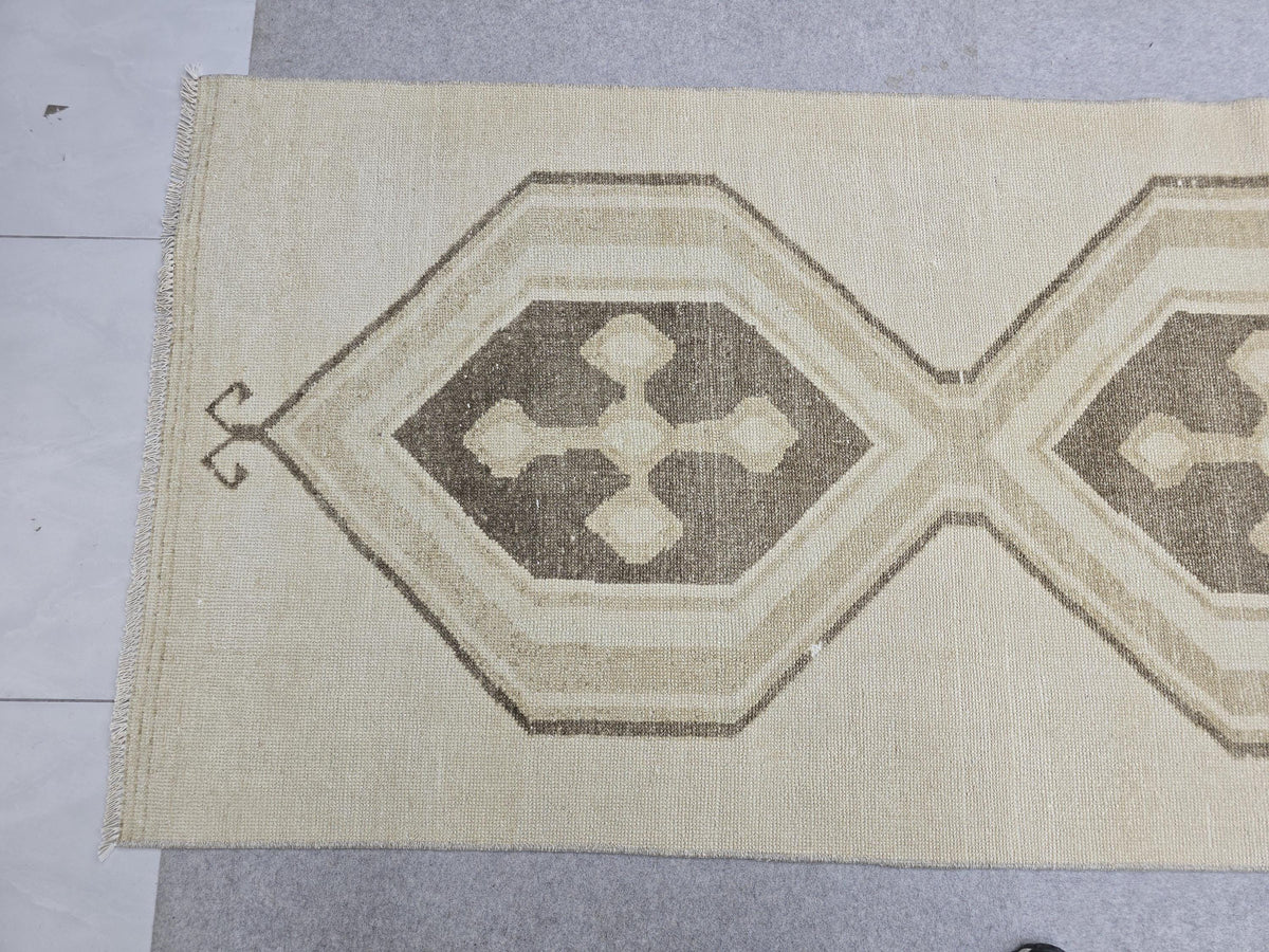 3x15 Turkish Runner Rug, Neutral Faded Vintage Wool Hallway Runner, Extra Long Distressed Anatolian Medallion Corridor Rug, Boho Decor