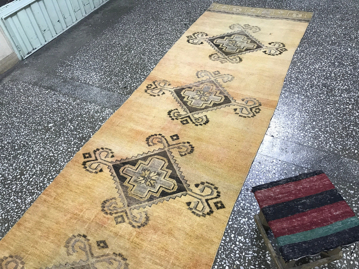 Hand Knotted Wool Vintage Runner Rug 3.3 x 14 Feet for Hallway Kitchen Corridor