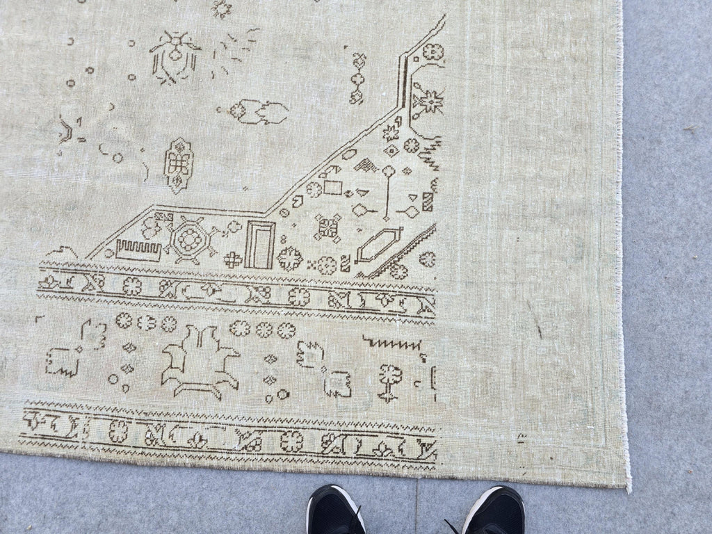 Turkish Rug 8x11, Faded Vintage Rug, Distressed Neutral Rug, Hand Knotted Wool Carpet, Cream Area Rug, Boho Bedroom Rug - Faded Wool Rug