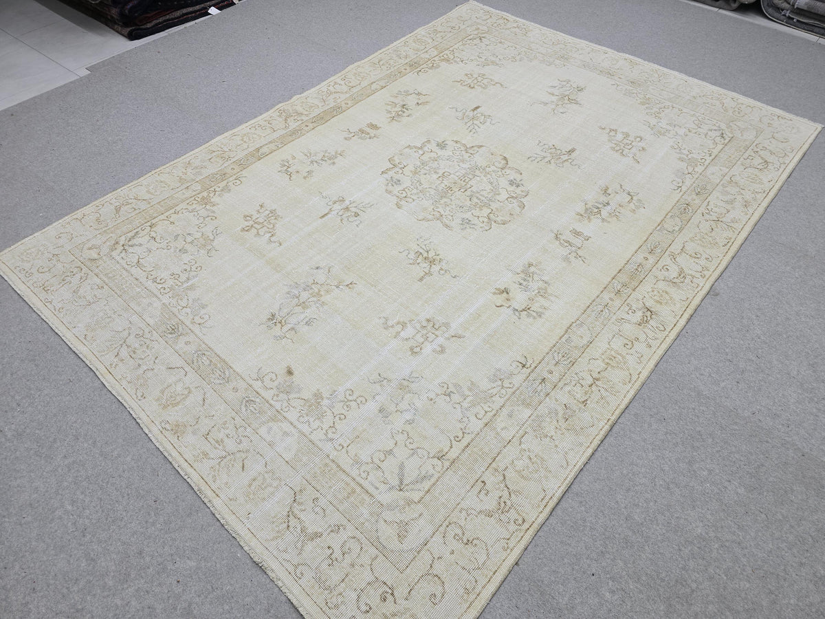 Vintage Turkish Wool Rug, Muted Cream Isparta Carpet, 7x10 Living Room Decor