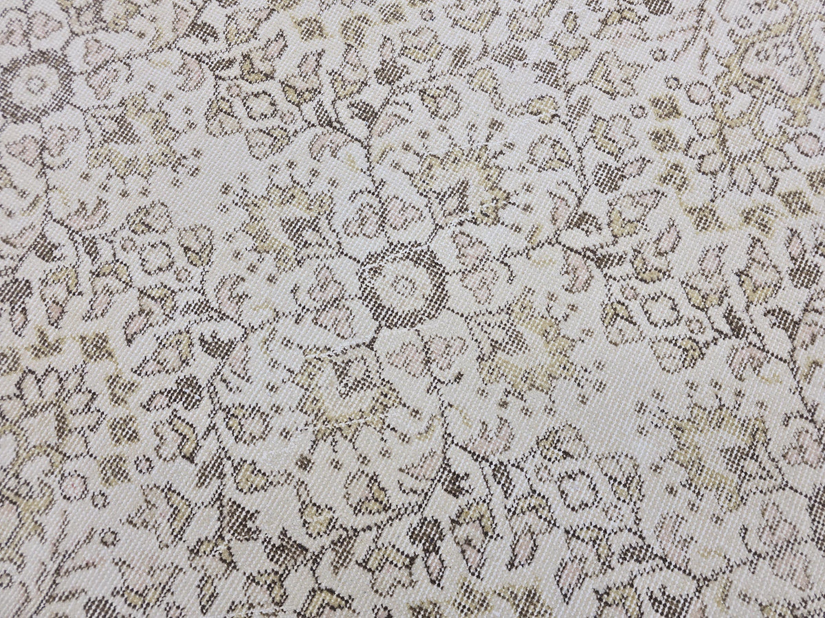 Vintage Turkish Oushak Runner Rug 4x7: Beige Wool Hallway Carpet