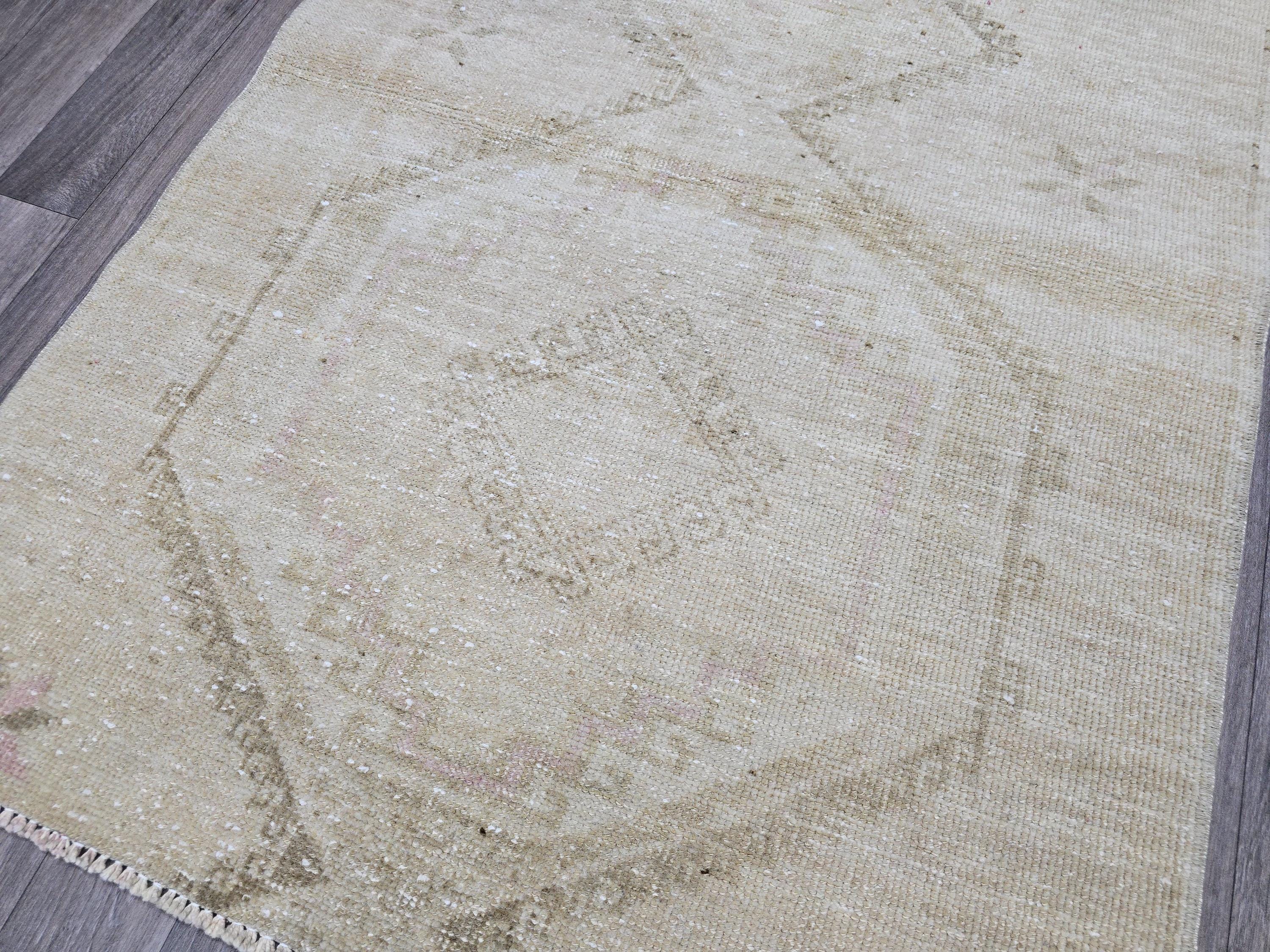 3x4 Neutral Oushak Turkish doormat, wool Vintage Bathmat, Small Turkish Rug