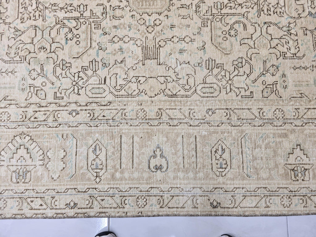 Oushak Rug 8x11, Faded Oatmeal Beige Turkish Area Rug with Soft Blue Accents, Hand Knotted Wool Carpet for Dining Room, Bedroom