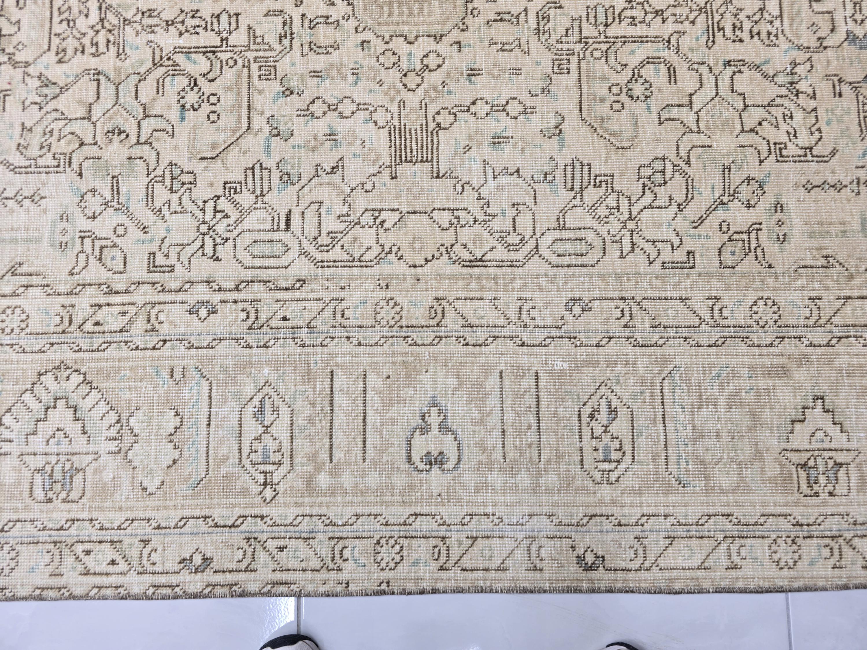 Oushak Rug 8x11, Faded Oatmeal Beige Turkish Area Rug with Soft Blue Accents, Hand Knotted Wool Carpet for Dining Room, Bedroom