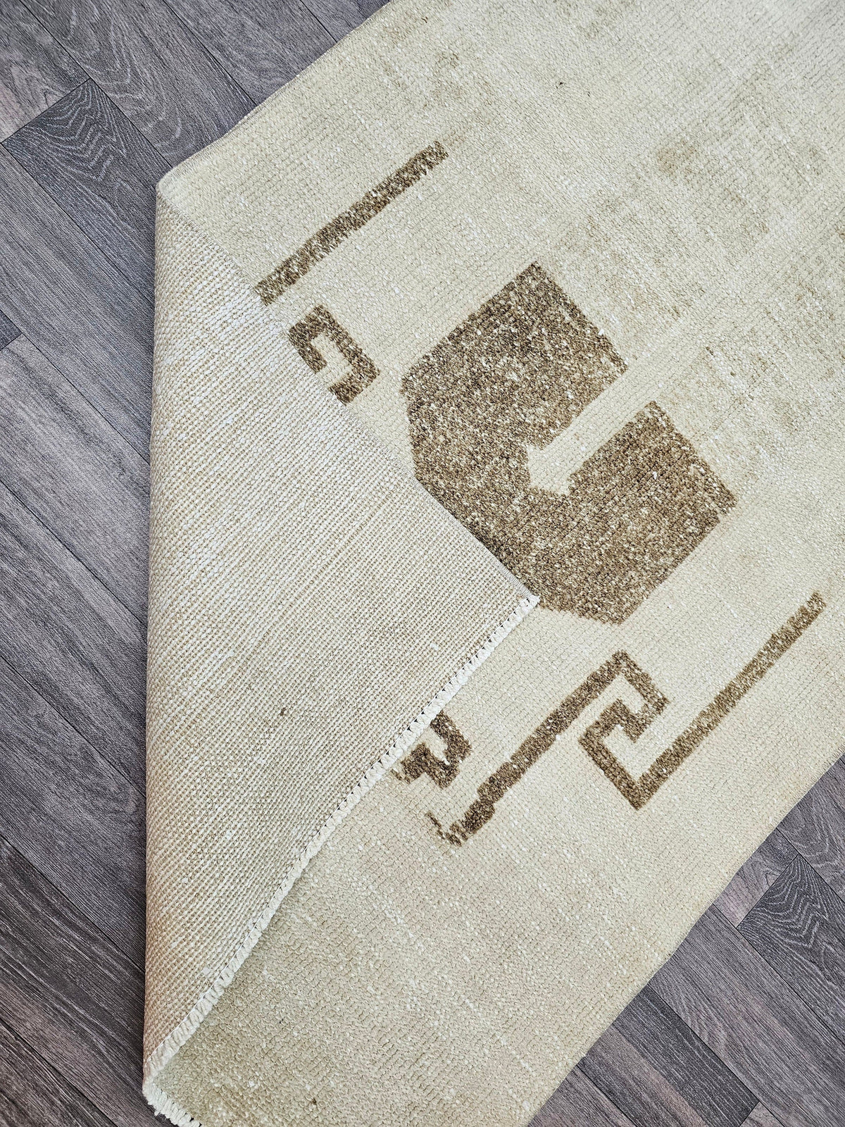 Hand-Knotted Wool Runner: Beige Cream Brown Antique Hallway Rug