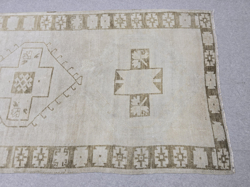 Oushak Rug 4x12, Neutral Runner Rug, Faded Hand Knotted Wool Turkish Runner, Muted Beige Hallway Rug, Vintage Boho Stair Neutral Runner