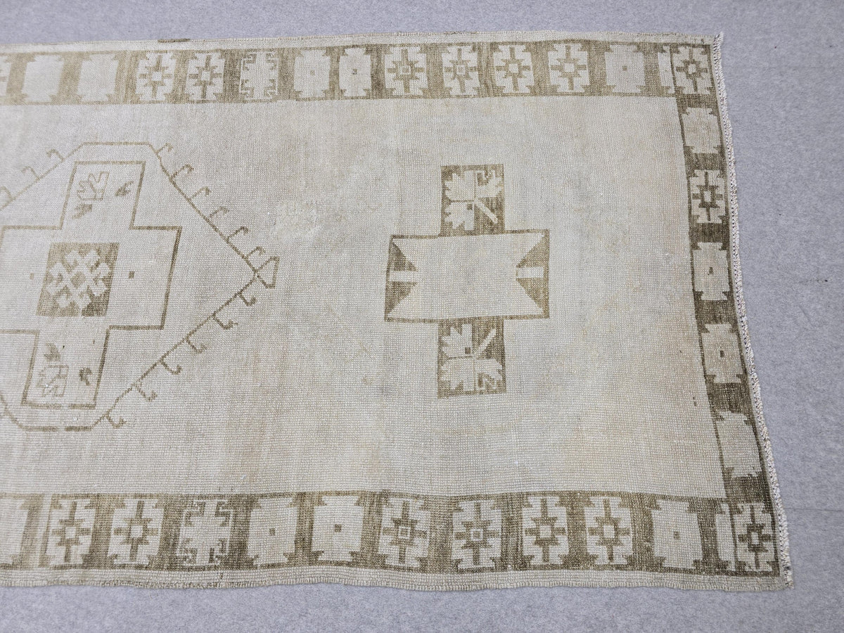 Oushak Rug 4x12, Neutral Runner Rug, Faded Hand Knotted Wool Turkish Runner, Muted Beige Hallway Rug, Vintage Boho Stair Neutral Runner