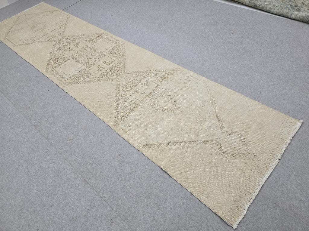 3x12 Turkish Runner - Vintage Oushak Runner Rug: 3x12.25 ft, Neutral Wool Carpet runner Rug