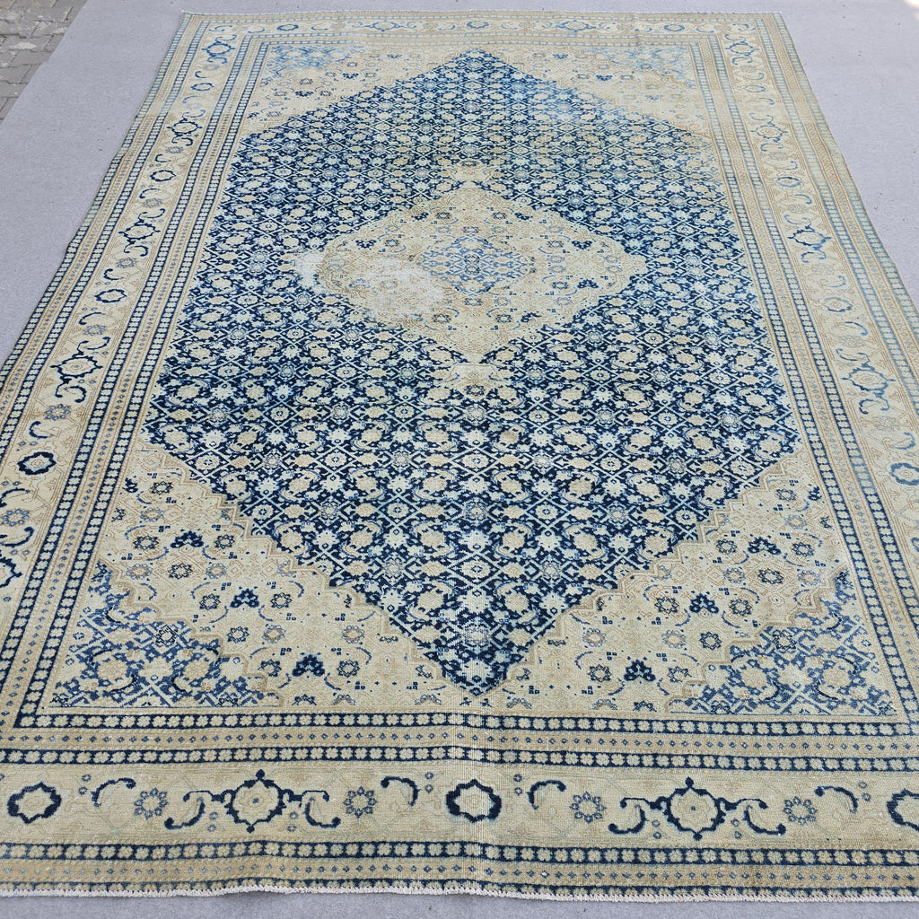 Wool 9x12 Oushak Rug -  Hand Knotted Wool Turkish Area Carpet Geometric Beige Blue