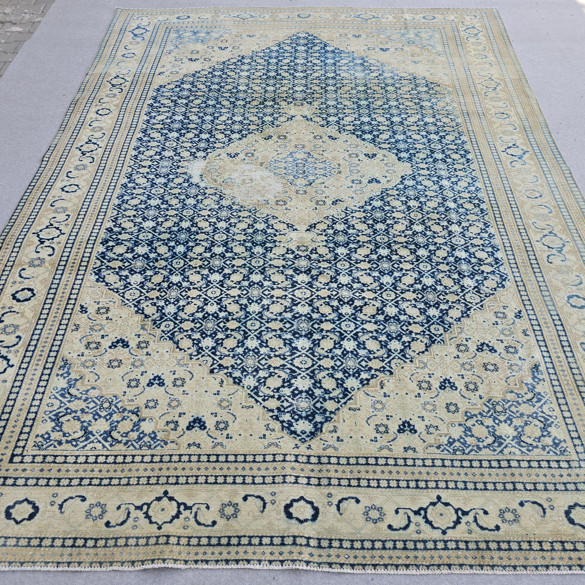 Wool 9x12 Oushak Rug -  Hand Knotted Wool Turkish Area Carpet Geometric Beige Blue