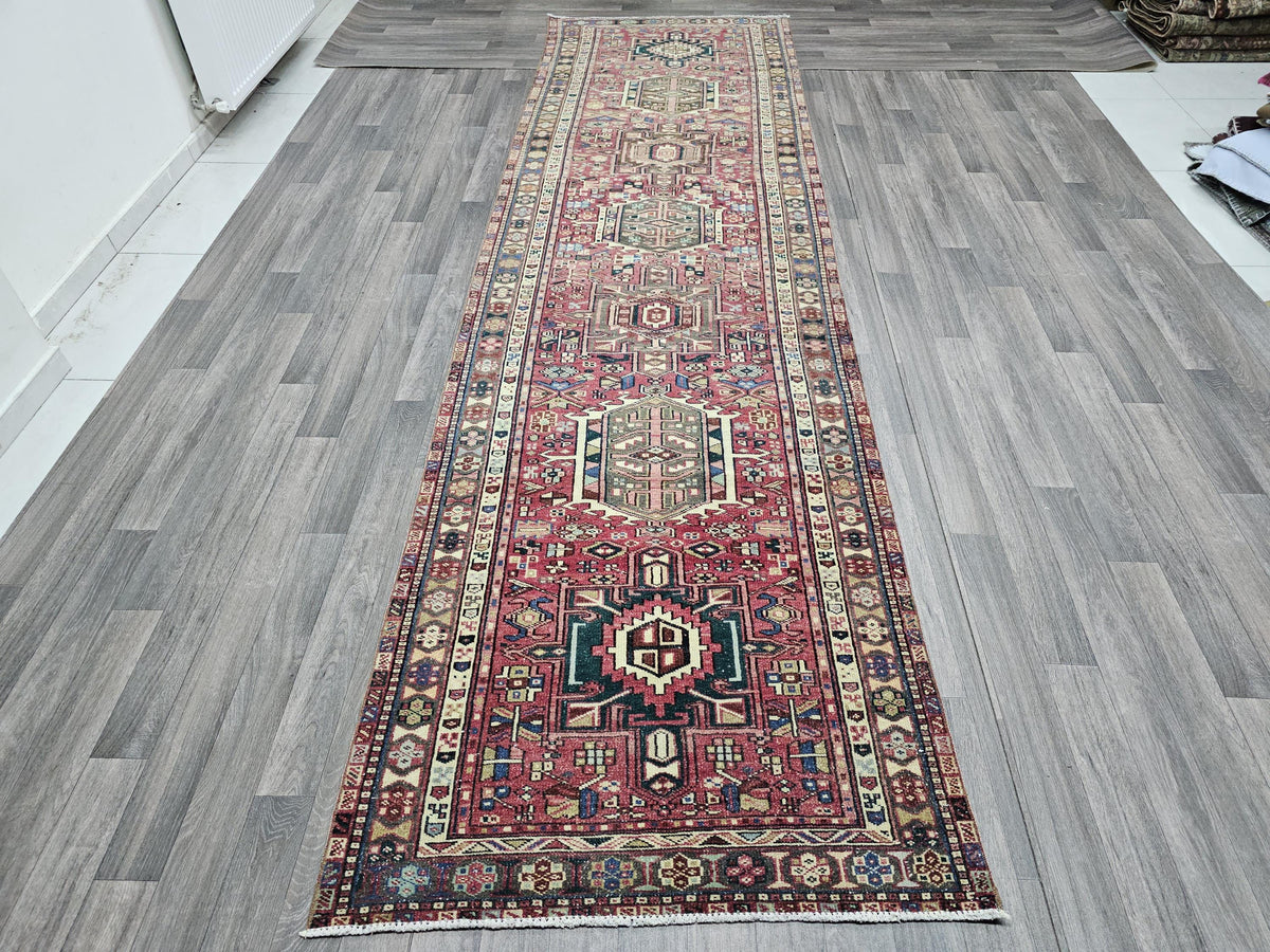 Vintage Heriz Wool Runner Rug: 3.5x13 Pastel Rustic Decor
