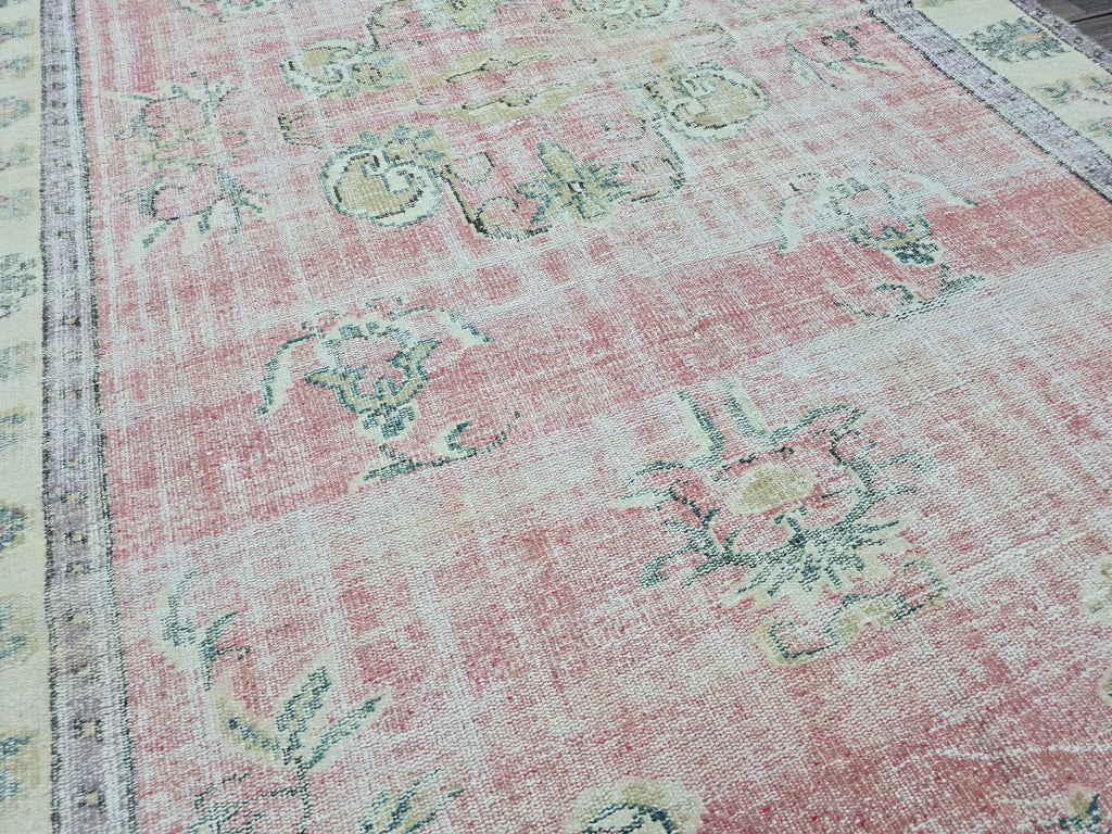 6x9 Vintage Turkish Oushak Rug: Pink Floral Wool Carpet