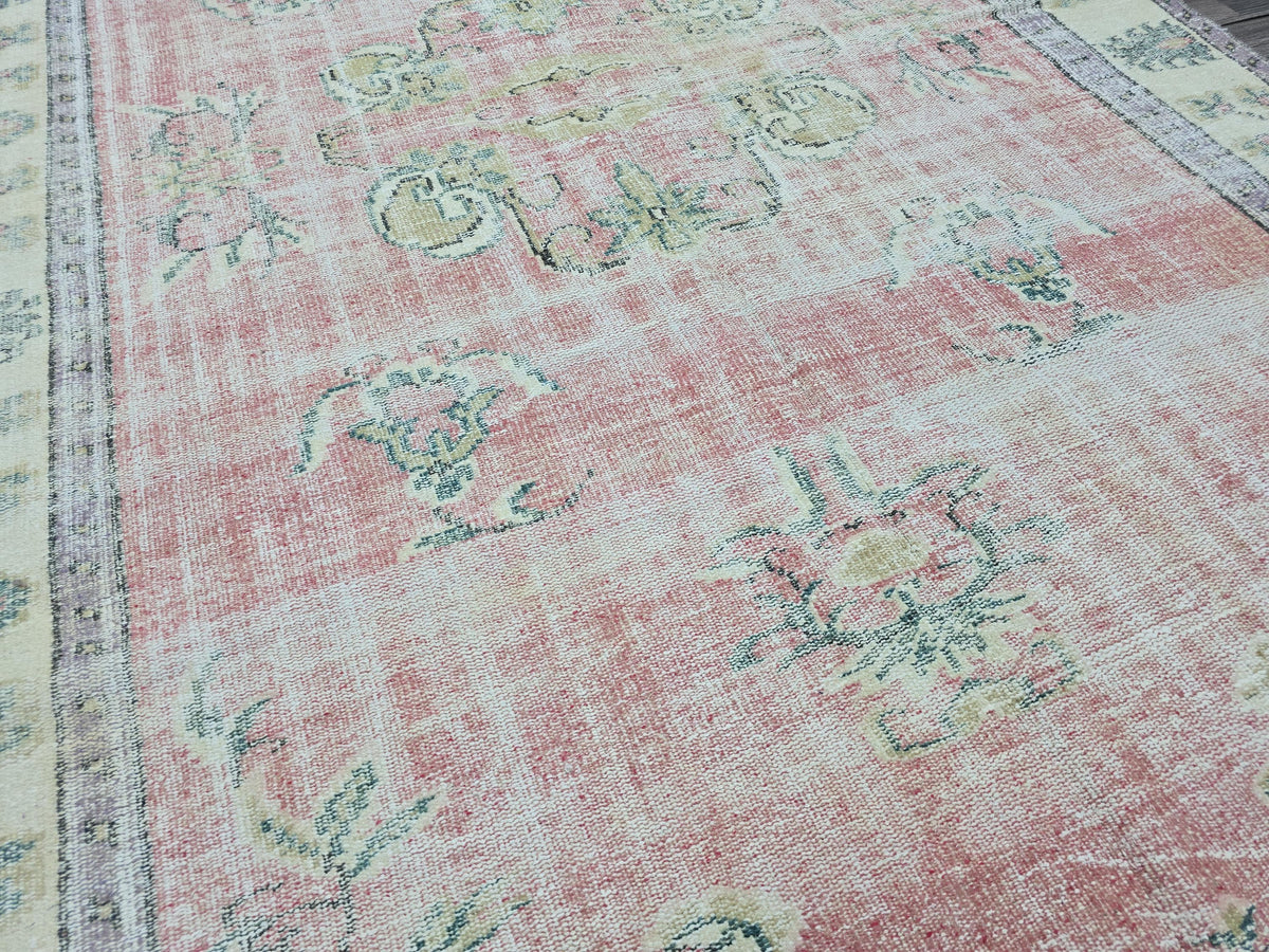 6x9 Vintage Turkish Oushak Rug: Pink Floral Wool Carpet