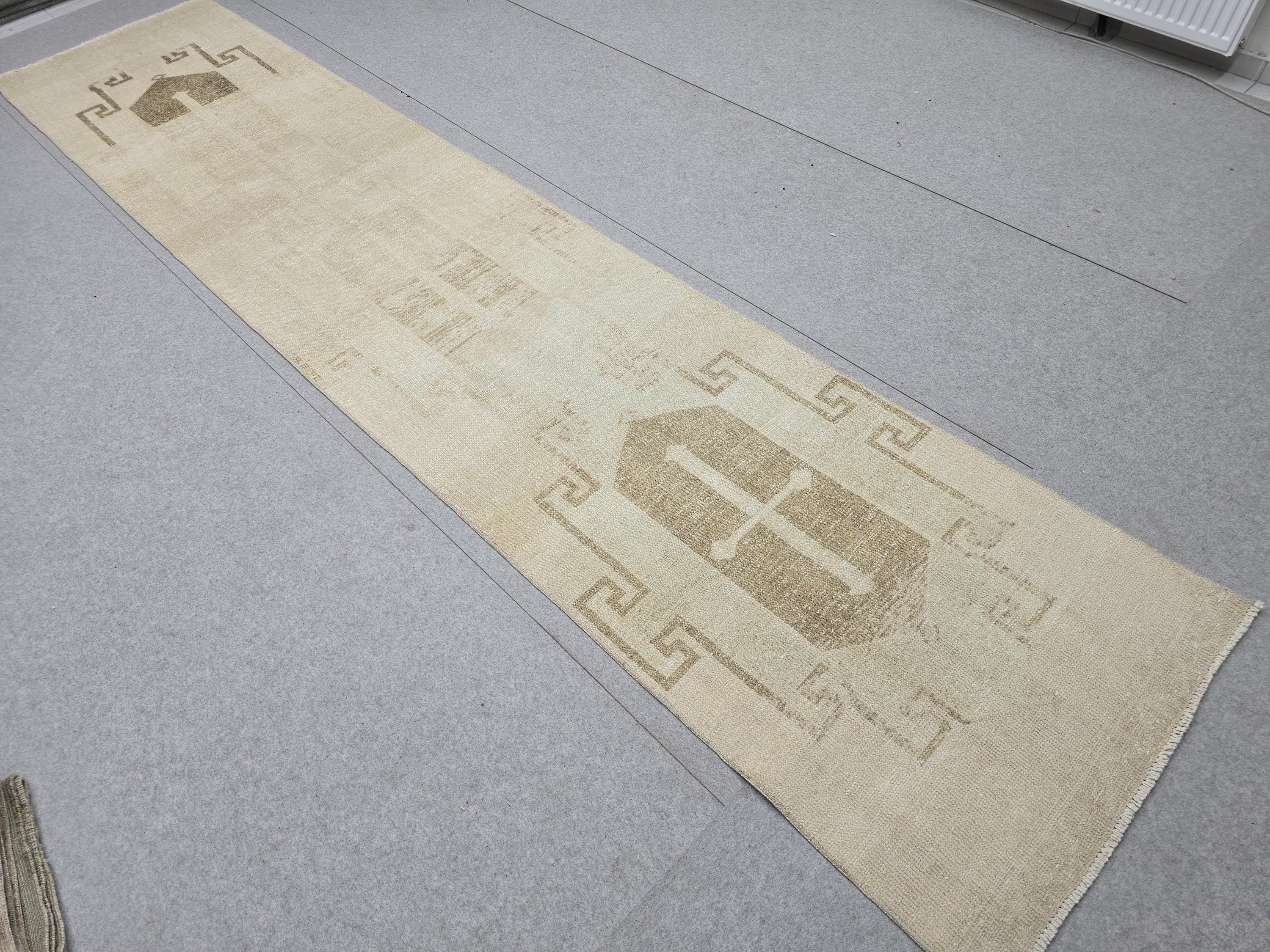 Oushak Rug 3x13, Minimalist Neutral Runner, Hand Knotted Wool Turkish Runner, Faded Oatmeal Hallway Rug, Vintage Boho Stair Carpet