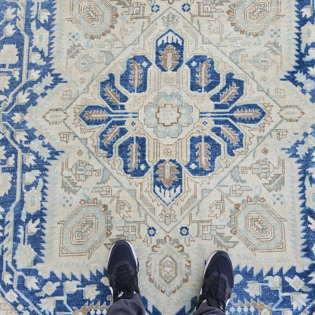 7x10 Vintage Oushak Rug Blue Cream Geometric Hand Knotted Turkish Area Carpet