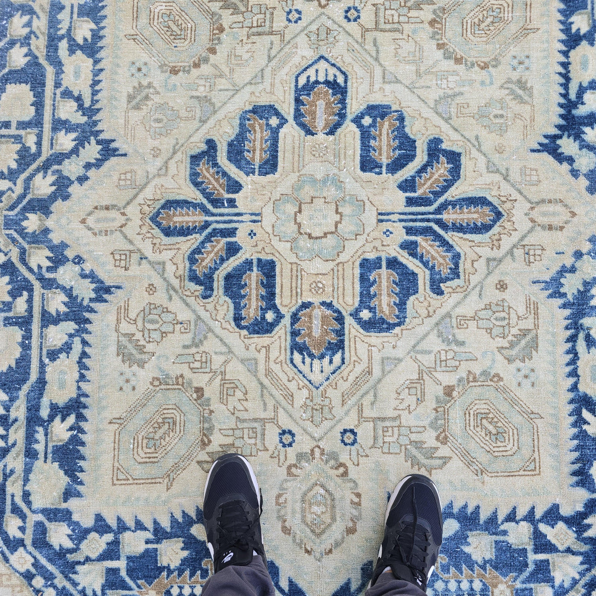 7x10 Vintage Oushak Rug Blue Cream Geometric Hand Knotted Turkish Area Carpet