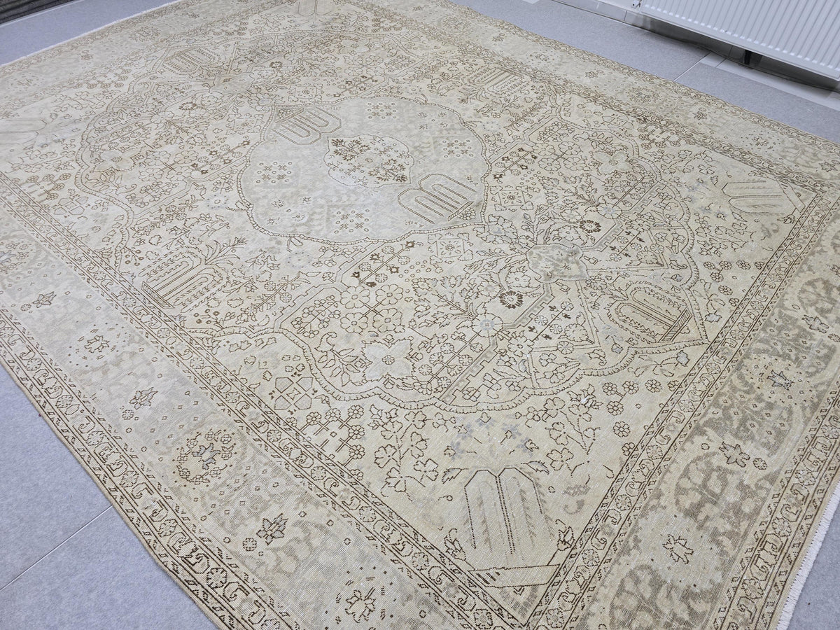 Oushak Rug 9x12, Muted Beige Cream Vintage Turkish Area Rug, Medallion Floral Wool Rug for Living Room