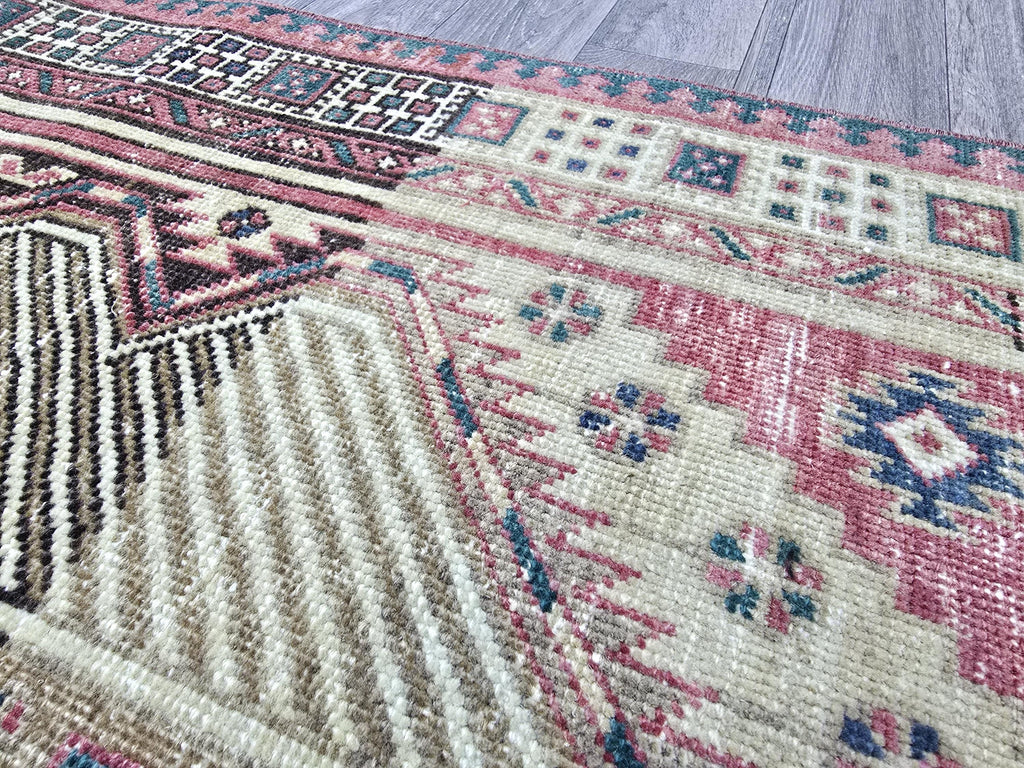 Vintage Turkish Runner Rug 3x11: Handknotted Oushak, Pastel Geometric Hallway Rug