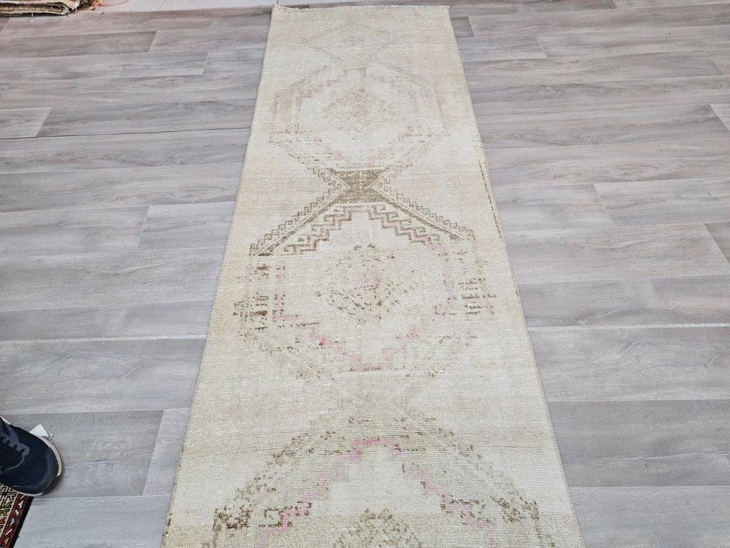 Hand Knotted Wool Turkish Runner Rug: Neutral Oushak Stair Runner (3x14 ft)