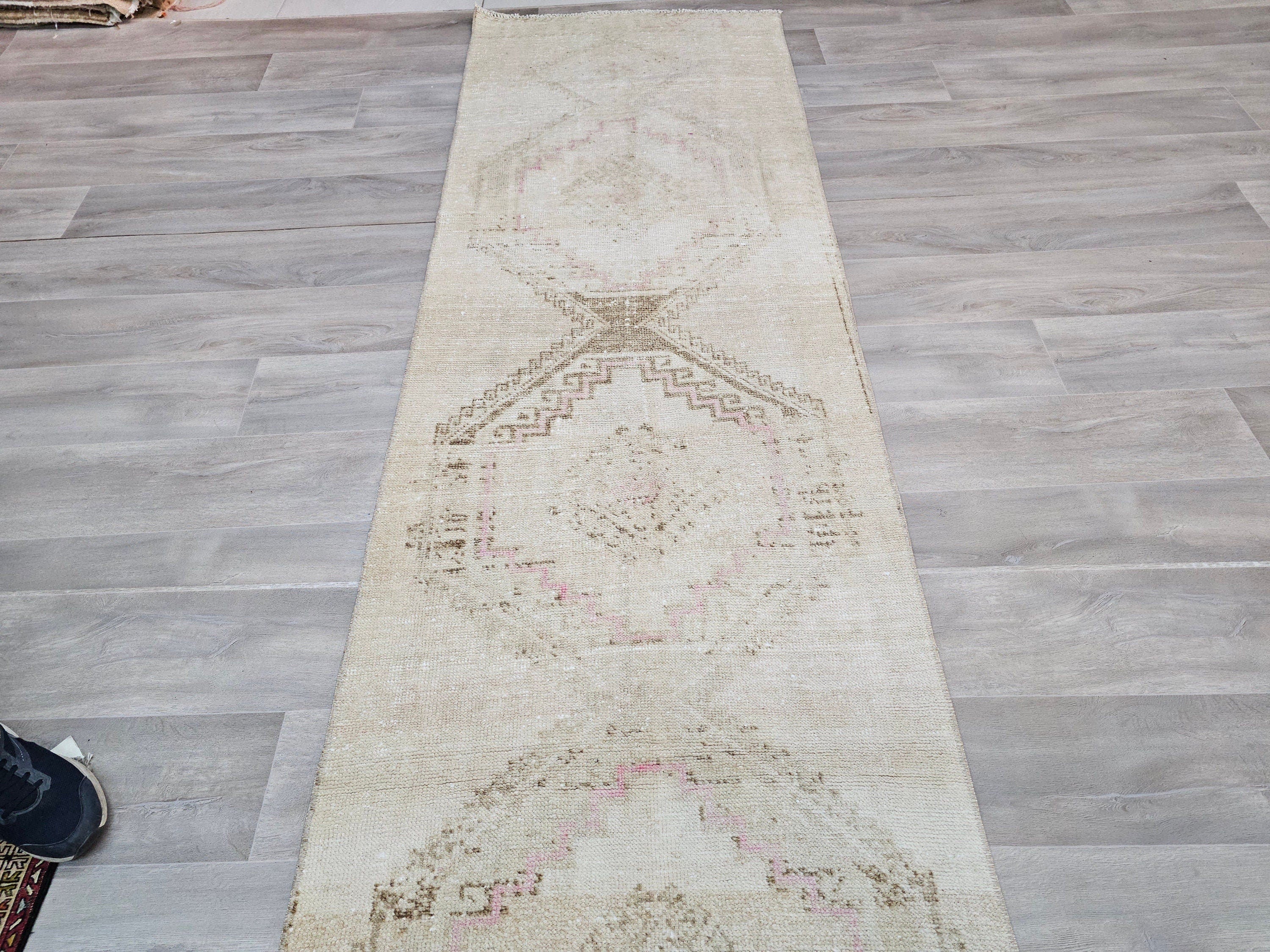 Hand Knotted Wool Turkish Runner Rug: Neutral Oushak Stair Runner (3x14 ft)