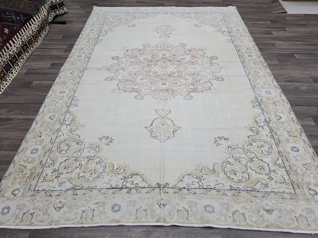 Turkish Rug 7x10 Vintage Cream Wool Area Rug Muted Pink Oushak Living Room Carpet