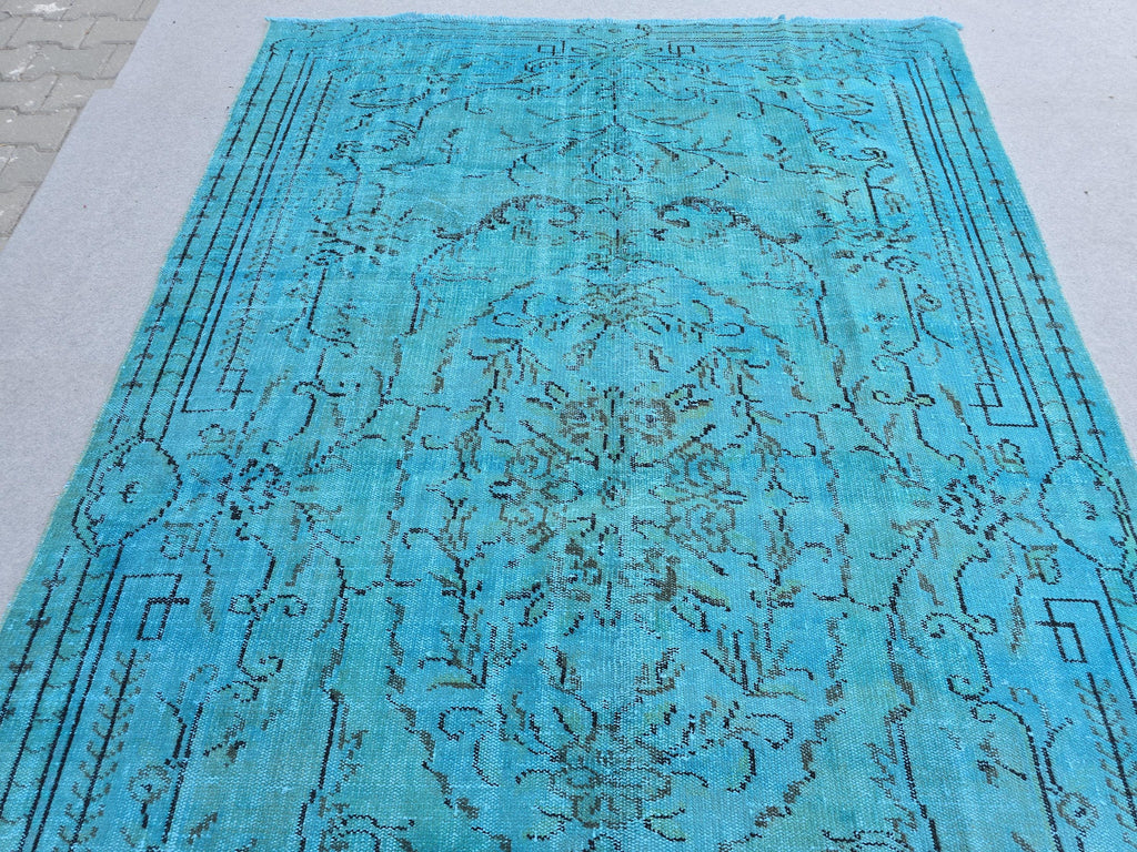 Vintage Overdyed Turquoise Turkish Rug - 6x9.6 ft Handknotted
