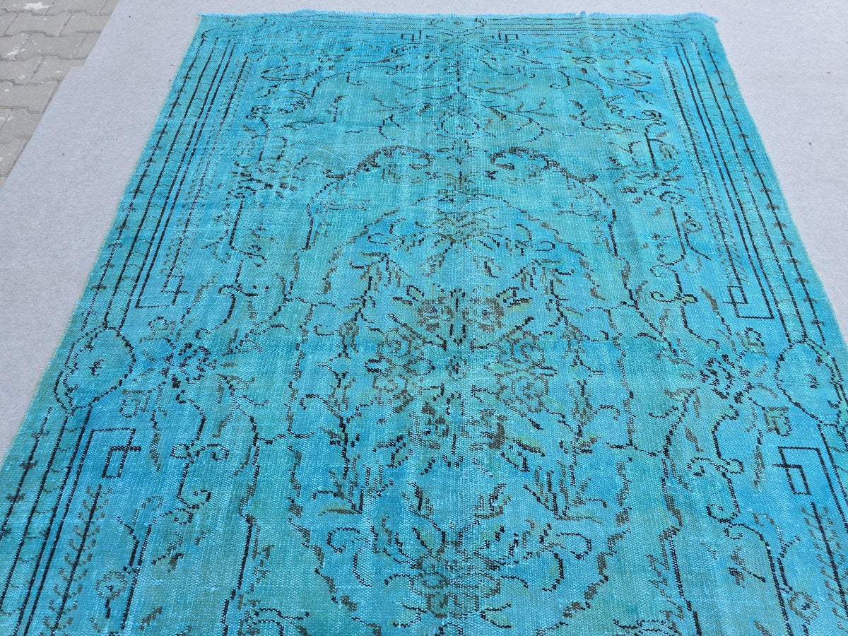 Vintage Overdyed Turquoise Turkish Rug - 6x9.6 ft Handknotted