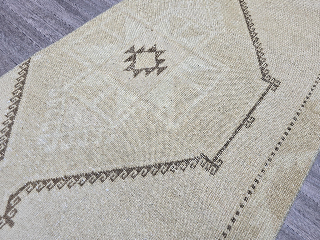 Vintage Anatolian Runner Rug: Cream Beige Wool Hallway Carpet, 3x13 Boho Rug