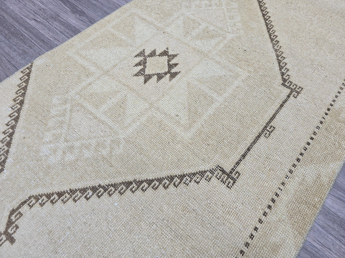 Vintage Anatolian Runner Rug: Cream Beige Wool Hallway Carpet, 3x13 Boho Rug
