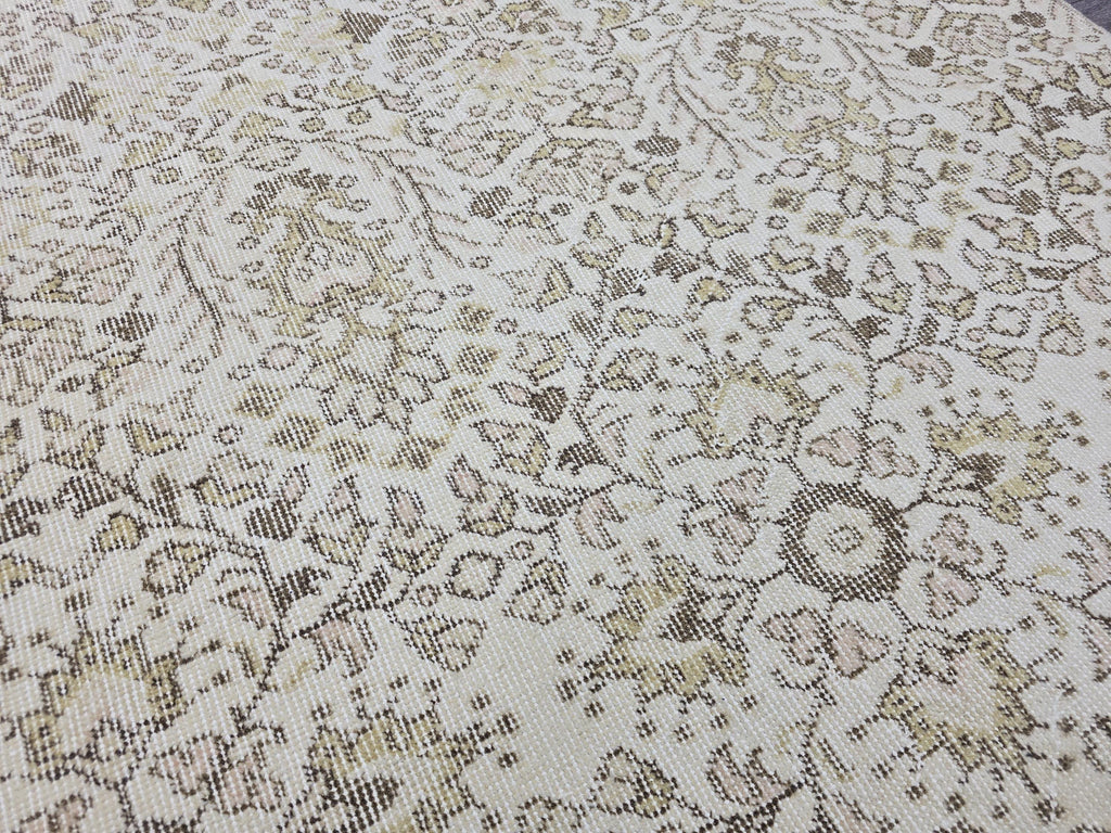 Vintage Turkish Oushak Runner Rug 4x7: Beige Wool Hallway Carpet