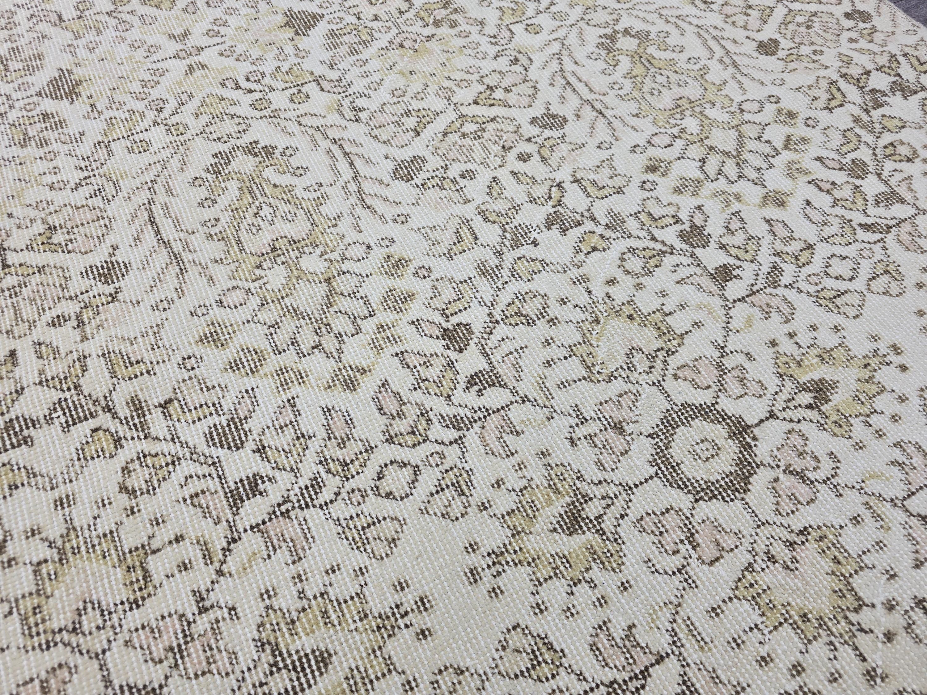 Vintage Turkish Oushak Runner Rug 4x7: Beige Wool Hallway Carpet
