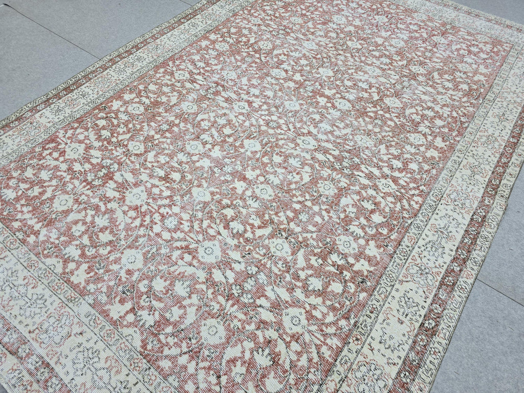 Hand Knotted Oushak Rug: 7x10 ft. Faded Muted terracotta red  Anatolian Carpet